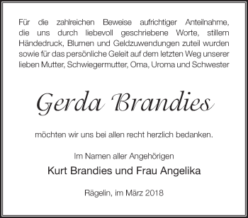 Traueranzeige von Gerda Brandies von Märkische Oderzeitung