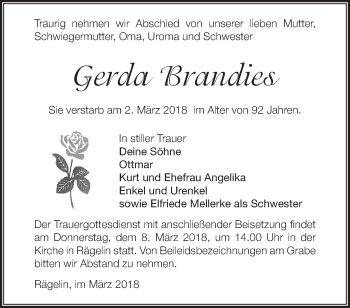 Traueranzeige von Gerda Brandies von Märkische Oderzeitung