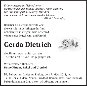 Traueranzeige von Gerda Dietrich von Märkische Oderzeitung