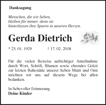 Traueranzeige von Gerda Dietrich von Märkische Oderzeitung