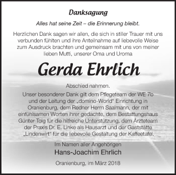 Traueranzeige von Gerda Ehrlich von Märkische Oderzeitung