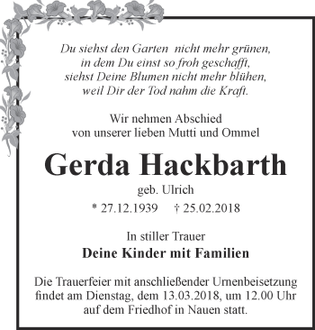 Traueranzeige von Gerda Hackbarth von Märkische Oderzeitung