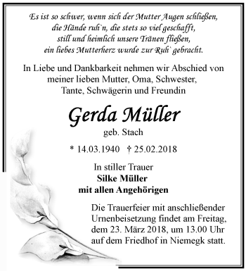 Traueranzeige von Gerda Müller von Märkische Oderzeitung