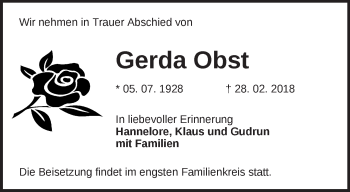 Traueranzeige von Gerda Obst von Märkische Oderzeitung