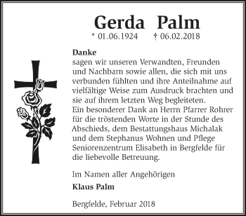 Traueranzeige von Gerda Palm von Märkische Oderzeitung