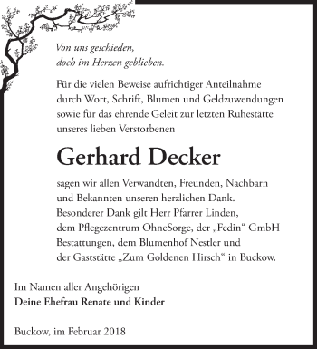 Traueranzeige von Gerhard Decker von Märkische Oderzeitung