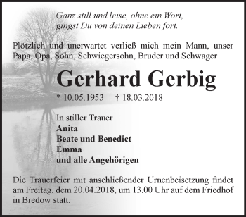 Traueranzeige von Gerhard Gerbig von Märkische Oderzeitung