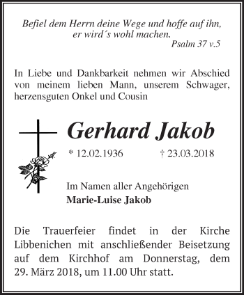 Traueranzeige von Gerhard Jakob von Märkische Oderzeitung