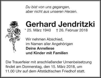 Traueranzeige von Gerhard Jendritzki von Märkische Oderzeitung