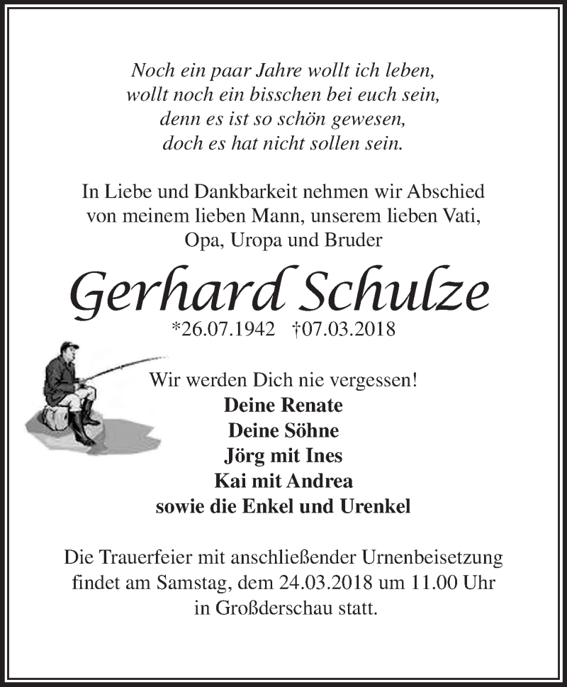  Traueranzeige für Gerhard Schulze vom 18.03.2018 aus Märkische Oderzeitung