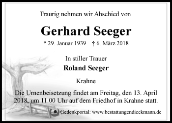 Traueranzeige von Gerhard Seeger von Märkische Oderzeitung