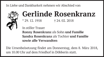 Traueranzeige von Gerlinde Rosenkranz von Märkische Oderzeitung