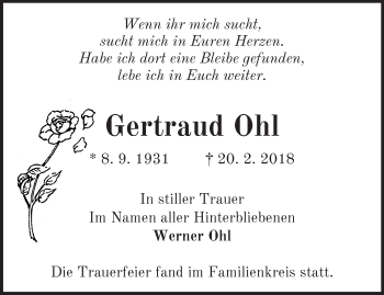 Traueranzeige von Gertraud Ohl von Märkische Oderzeitung
