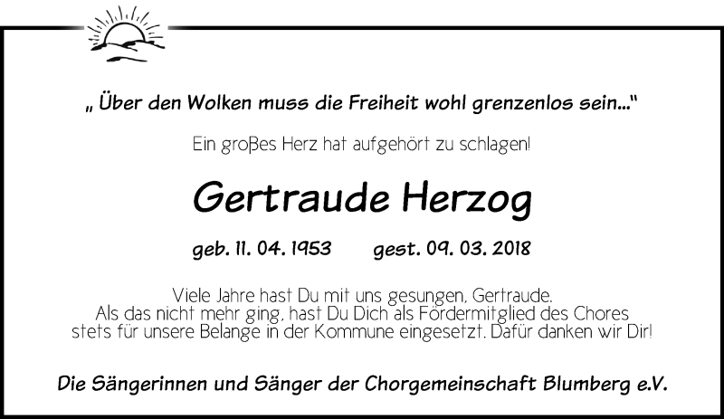  Traueranzeige für Gertraude Herzog vom 16.03.2018 aus Märkische Oderzeitung