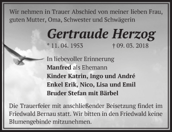 Traueranzeige von Gertraude Herzog von Märkische Oderzeitung