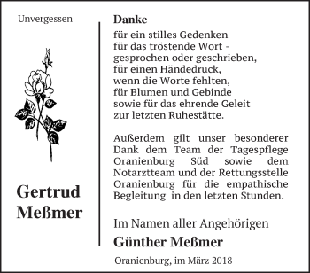Traueranzeige von Gertrud Meßmer von Märkische Oderzeitung
