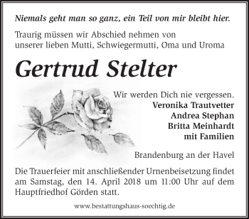 Traueranzeige von Gertrud Stelter von Märkische Oderzeitung