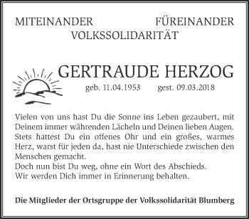 Traueranzeige von Gertrude Herzog von Märkische Oderzeitung