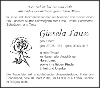 Traueranzeige von Giesela Laux von Märkische Oderzeitung