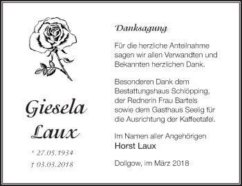 Traueranzeige von Giesela Laux von Märkische Oderzeitung