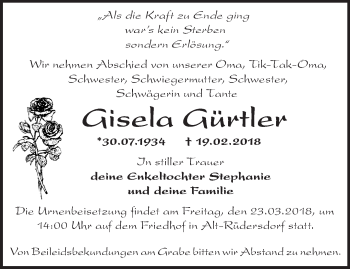 Traueranzeige von Gisela Gaeflee von Märkische Oderzeitung