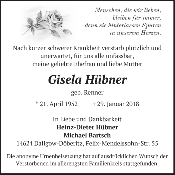 Traueranzeige von Gisela Hübner von Märkische Oderzeitung