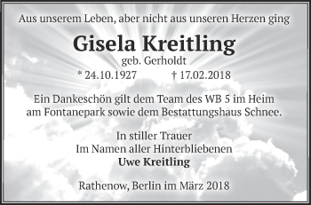 Traueranzeige von Gisela Kreitling von Märkische Oderzeitung