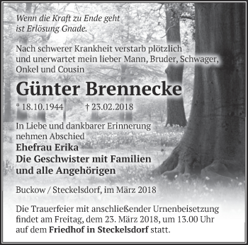 Traueranzeige von Günter Brennecke von Märkische Oderzeitung