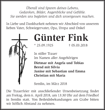 Traueranzeige von Günter Fink von Märkische Oderzeitung