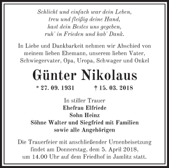 Traueranzeige von Günter Nikolaus von Märkische Oderzeitung