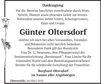 Traueranzeige von Günter Oltersdorf von Märkische Oderzeitung