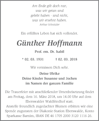 Traueranzeige von Günther Hoffmann von Märkische Oderzeitung
