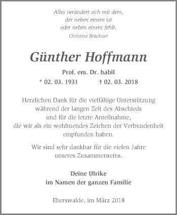 Traueranzeige von Günther Hoffmann von Märkische Oderzeitung