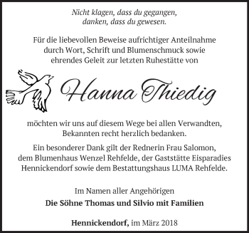 Traueranzeige von Hanna Thiedig von Märkische Oderzeitung