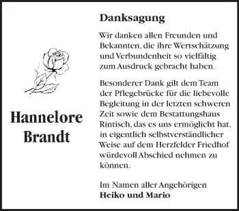 Traueranzeige von Hannelore Brandt von Märkische Oderzeitung