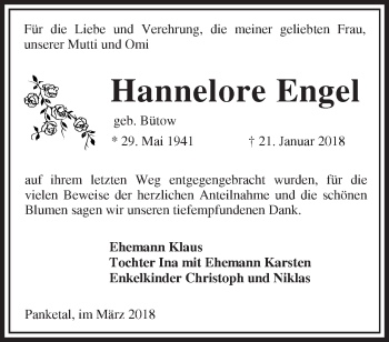 Traueranzeige von Hannelore Engel von Märkische Oderzeitung