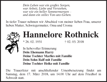 Traueranzeige von Hannelore Rothnick von Märkische Oderzeitung