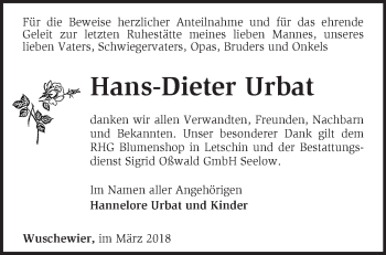 Traueranzeige von Hans-Dieter Urbat von Märkische Oderzeitung