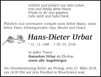 Traueranzeige von Hans-Dieter Urbat von Märkische Oderzeitung