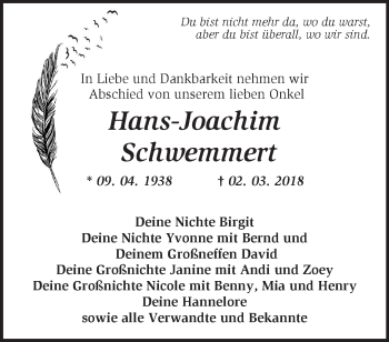 Traueranzeige von Hans-Joachim Schwemmert von Märkische Oderzeitung