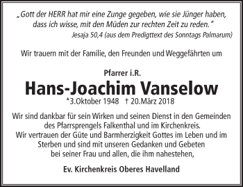 Traueranzeige von Hans-Joachim Vanselow von Märkische Oderzeitung