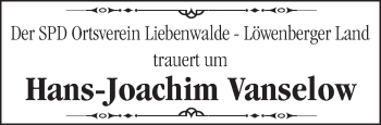 Traueranzeige von Hans-Joachim Vanselow von Märkische Oderzeitung