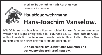 Traueranzeige von Hans-Joachim Vanselow von Märkische Oderzeitung