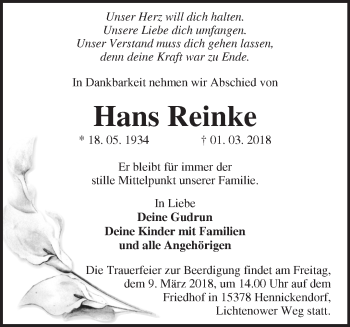 Traueranzeige von Hans Reinke von Märkische Oderzeitung