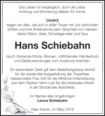 Traueranzeige von Hans Schiebahn von Märkische Oderzeitung