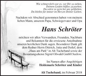 Traueranzeige von Hans Schröter von Märkische Oderzeitung