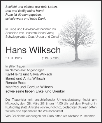 Traueranzeige von Hans Wilksch von Märkische Oderzeitung