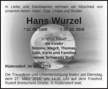 Traueranzeige von Hans Wurzel von Märkische Oderzeitung