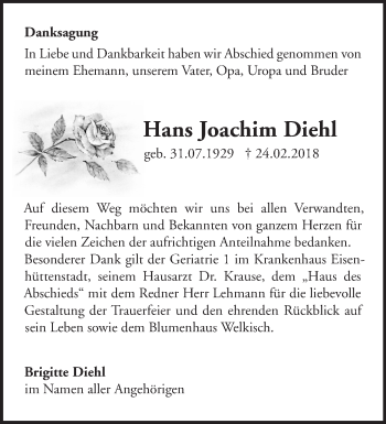 Traueranzeige von Hans Joachim Diehl von Märkische Oderzeitung