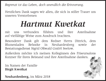 Traueranzeige von Hartmut Kwetkat von Märkische Oderzeitung